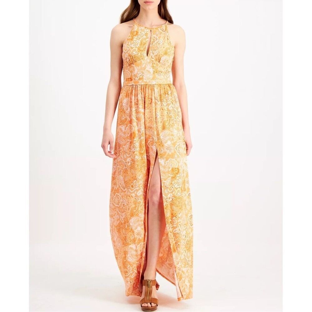 MICHAEL MICHAEL KORS Printed‎ Keyhole Maxi Dress Size M Orange/White Side zipper